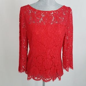Red Lace Bow Back Long Sleeves Blouse Top M